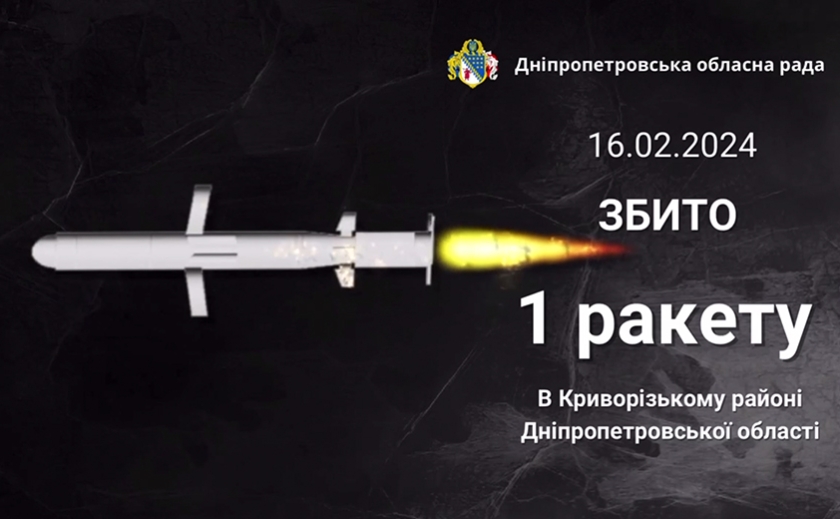 Над Криворізьким районом збили ворожу ракету: безпекова ситуація на Дніпропетровщині станом на вечір 16 лютого