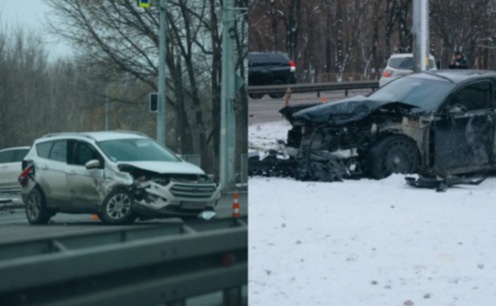 На виїзді з Дніпра BMW зіткнувся з Ford, зніс знак та вилетів на узбіччя: деталі