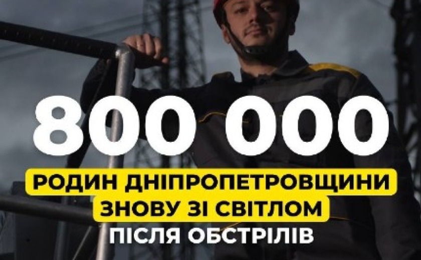 800 тисяч родин у Дніпропетровській області знову зі світлом після російських обстрілів